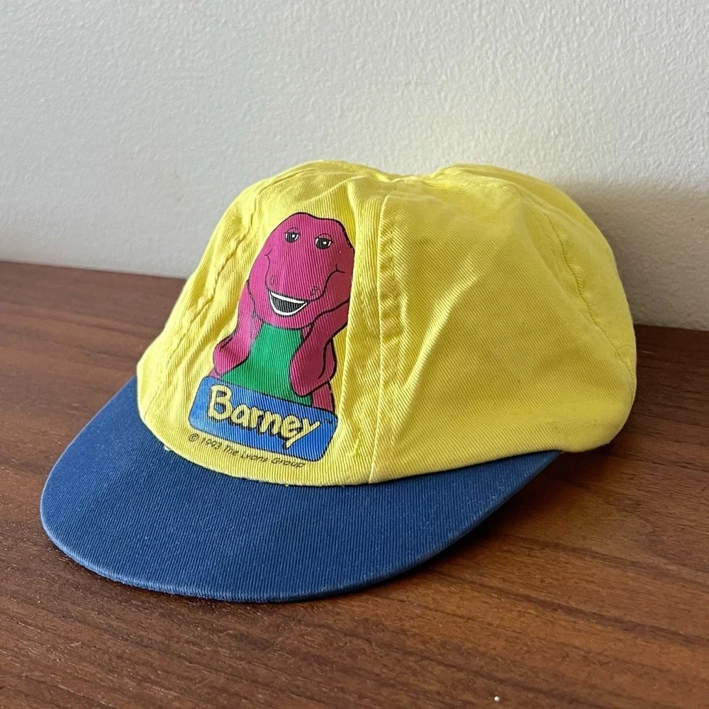 Vintage 1993 Barney The Dinosaur Yellow Blue Snapback Hat Cap Kids One Size
